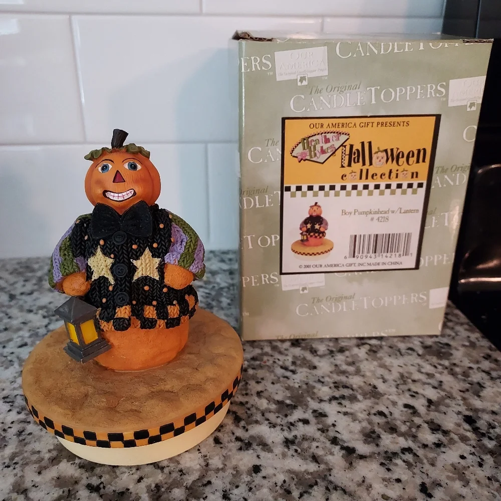 Halloween Boy Pumpkinhead With Lantern Our America Jar Topper by Heather Hykes